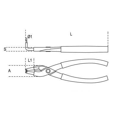 PINZE A BECCHI PIEGATI A 90° PER ANELLI ELASTICI DI SICUREZZA L MM 210 ART. 1034   