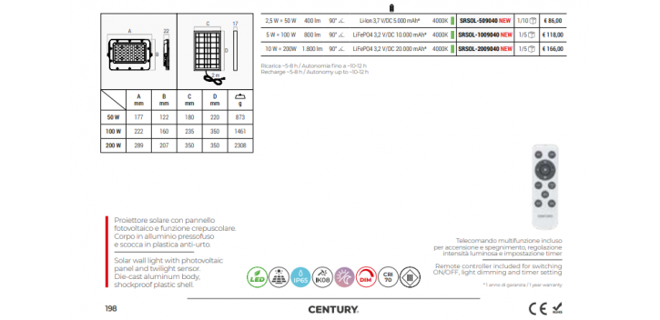 Proiettore LED 50W con pannello solare 4000k - Century 