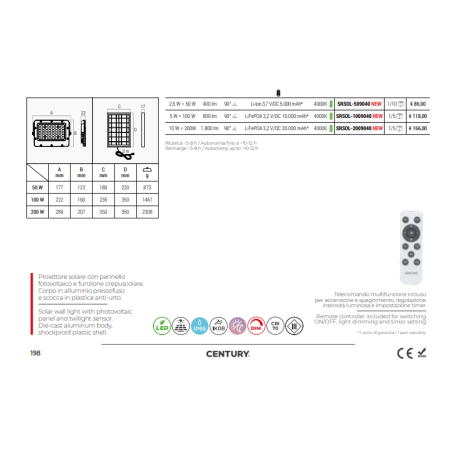 Proiettore LED 50W con pannello solare 4000k - Century 