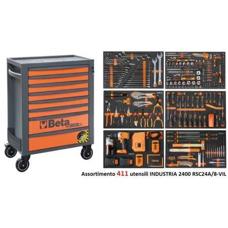 Cassettiera mobile con otto cassetti, con sistema ANTIRIBALTAMENTO e assortimento di 411 utensili INDUSTRIA 2400 RSC24A/8-VIL