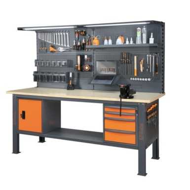 Banco da lavoro 2,1 m con piano in legno, 4 cassetti e modulo anta C58BC-W2,1  4CA+SVR Beta
