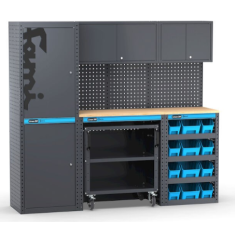 Arredo officina con armadi con 1 anta, carrello a 3 piani e contenitori, misure L2128 x P495 x H1900 mm 391G08 Fami