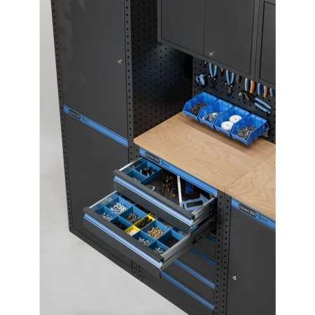 Arredo officina con armadi con 1 anta, carrello a 3 piani e contenitori, misure L2128 x P495 x H1900 mm 391G08 Fami