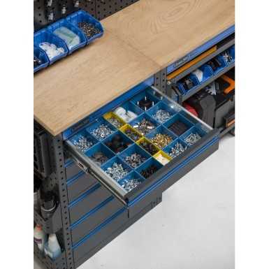 Arredo officina con armadi con 1 anta, carrello a 3 piani e contenitori, misure L2128 x P495 x H1900 mm 391G08 Fami