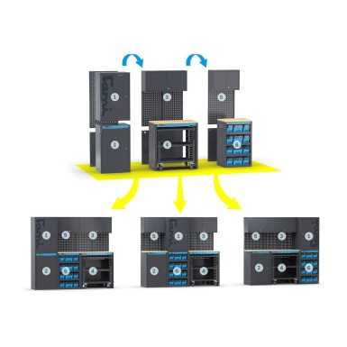 Arredo officina con armadi a due ante, cassettiera, carrello e modulo di servizio, L3040 x P495 x H1900 mm 391G15 Fami