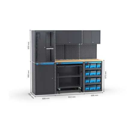 Arredo officina con armadi a due ante, cassettiera, carrello e modulo di servizio, L3040 x P495 x H1900 mm 391G15 Fami