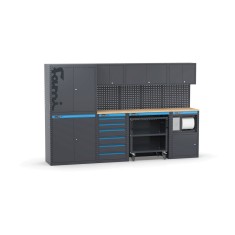 Arredo officina con armadi a due ante, cassettiera, carrello e modulo di servizio, L3040 x P495 x H1900 mm 391G15 Fami