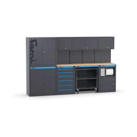 Arredo officina con armadi a due ante, cassettiera, carrello e modulo di servizio, L3040 x P495 x H1900 mm 391G15 Fami