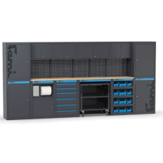 Arredo officina con armadi, modulo di servizio, cassettiera, carrello e contenitori, L3952 x P495 x H1900 mm 391G14 Fami