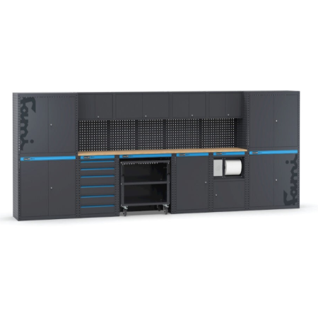 Arredo officina con armadi, cassettiera, carrello e modulo di servizio, L4560 x P495 x H1900 mm 391G13 Fami