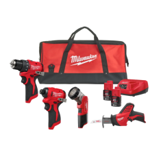 Kit M12™ Brushless Trapano avvitatore compatto + Avvitatore ad impulsi 1/4'' Hex + Seghetto diritto con spazzole + Torcia (12V)