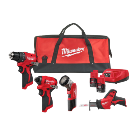 Kit M12™ Brushless Trapano avvitatore compatto + Avvitatore ad impulsi 1/4'' Hex + Seghetto diritto con spazzole + Torcia (12V)
