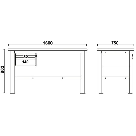 Banco da lavoro 1,6 m con piano in legno e 2 cassetti BETA