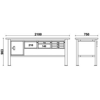Banco da lavoro 2,1 m con piano in legno, 6 cassetti e modulo anta BETA C58BC-W2,1 6CA