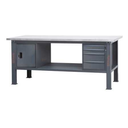 Banco da lavoro 2,1m piano MDF rivestito in acciaio inox, 4 cassetti e anta BETA C58BC-X2,1 4CA