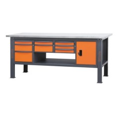 Banco da lavoro 2,1m con piano MDF rivestito in acciaio inox, 8 cassetti e anta BETA C58BC-X2,1 8CA