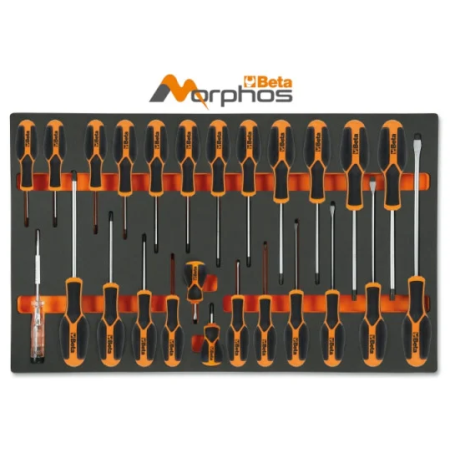 Termoformato morbido in EVA con 25 giraviti Morphos per viti lama piatta, Phillips® e Torx® Beta M195MH