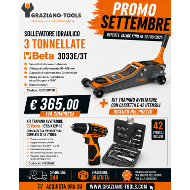Sollevatore Idraulico Da 3 Tonnellate - Beta 3033E/3T + kit trapano e cassetta 42 utensili