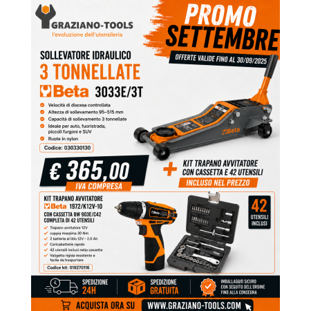 Sollevatore Idraulico Da 3 Tonnellate - Beta 3033E/3T + kit trapano e cassetta 42 utensili